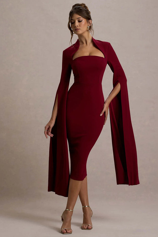 Berry Bodycon Cape-Sleeve Midi Dress | Dress In Beauty Berry Bodycon Cape-Sleeve Midi Dress | Dress In Beauty