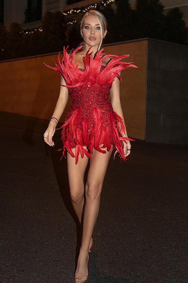 Strapless Sequin Feather Embellished Mini Dress | Dress In Beauty Strapless Sequin Feather Embellished Mini Dress | Dress In Beauty