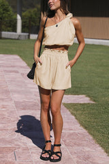 One-Shoulder Crop Top + Smocked Shorts Set | Dress In Beauty One-Shoulder Crop Top + Smocked Shorts Set | Dress In Beauty