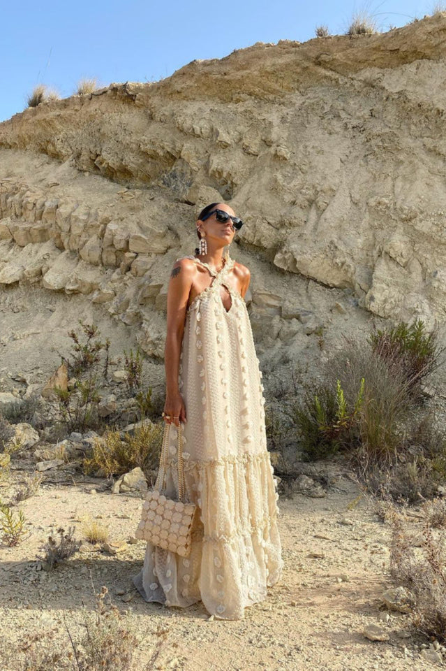 3D Flower Patchwork Halter Maxi Dress | Dress In Beauty 3D Flower Patchwork Halter Maxi Dress | Dress In Beauty