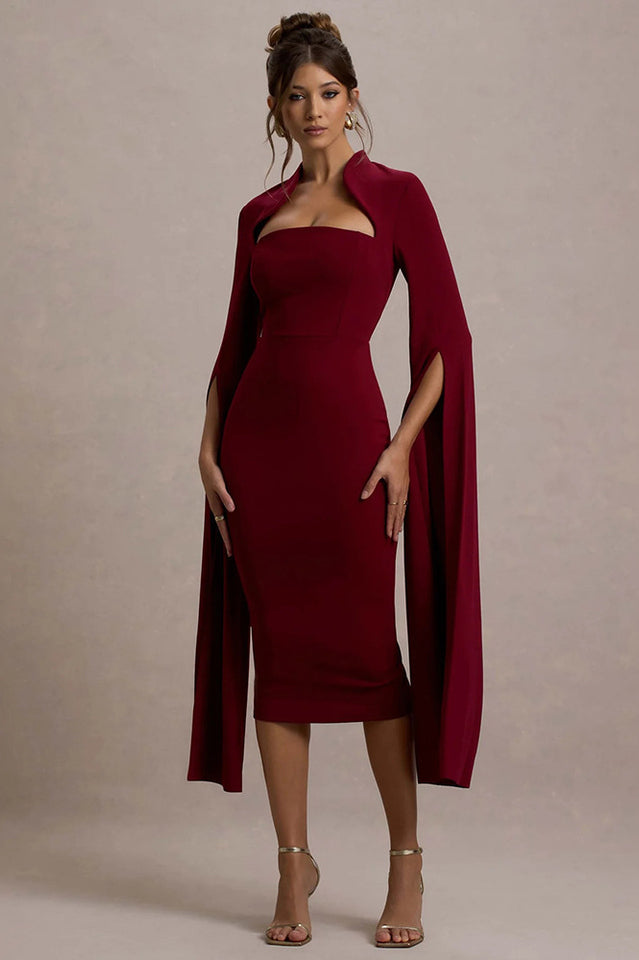 Berry Bodycon Cape-Sleeve Midi Dress | Dress In Beauty Berry Bodycon Cape-Sleeve Midi Dress | Dress In Beauty