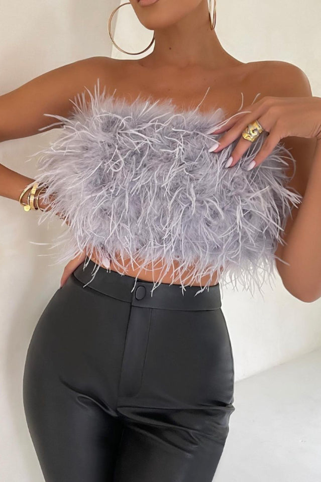 Fancy Strapless Feather Crop Top | Dress In Beauty Fancy Strapless Feather Crop Top | Dress In Beauty