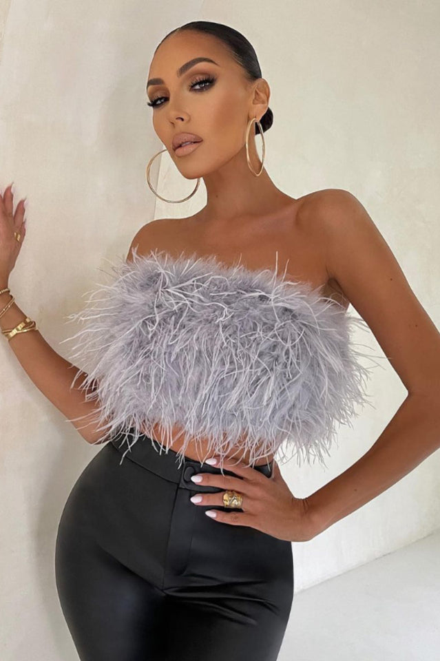 Fancy Strapless Feather Crop Top | Dress In Beauty Fancy Strapless Feather Crop Top | Dress In Beauty