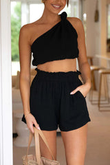 One-Shoulder Crop Top + Smocked Shorts Set | Dress In Beauty One-Shoulder Crop Top + Smocked Shorts Set | Dress In Beauty