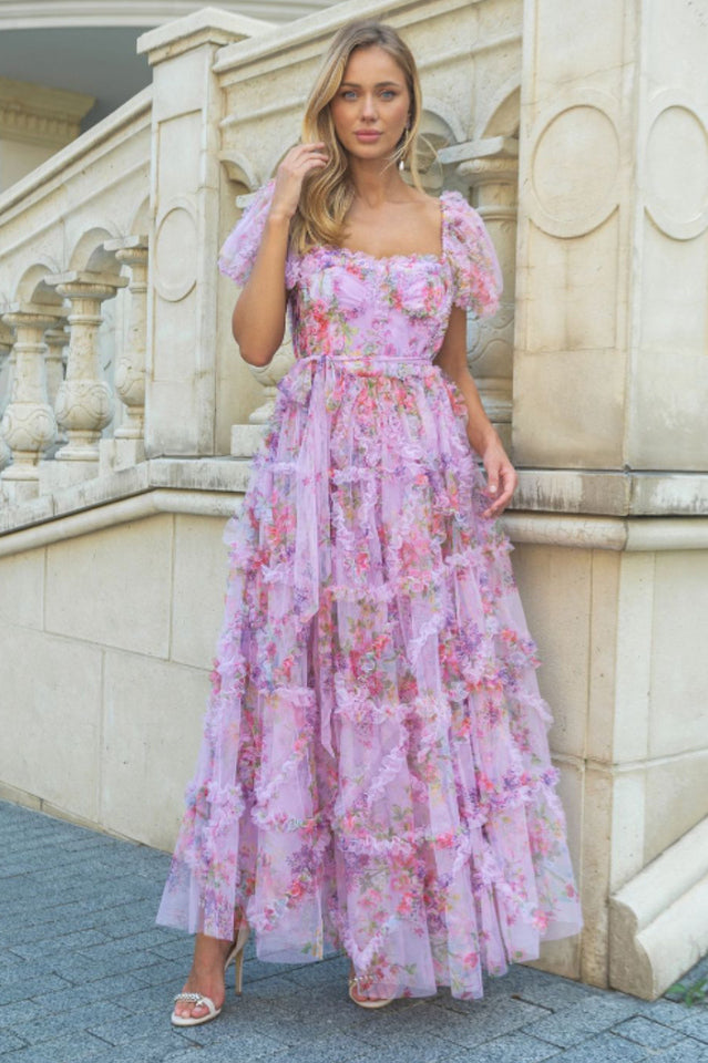 Floral Tulle Puff Sleeve Bow Tie Maxi Dress | Dress In Beauty Floral Tulle Puff Sleeve Bow Tie Maxi Dress | Dress In Beauty
