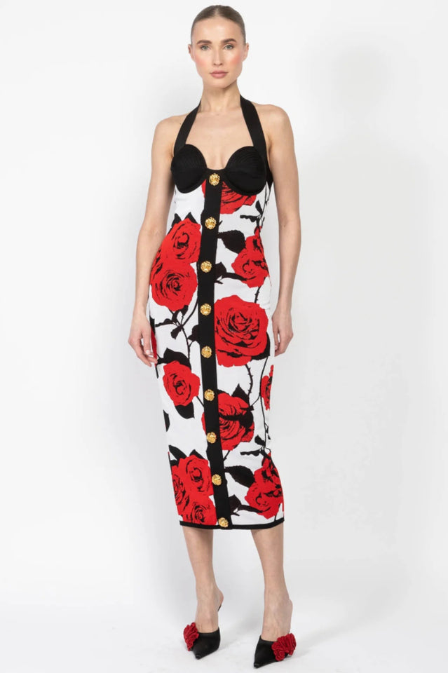 Knit Floral Halter Neck Midi Dress | Dress In Beauty Knit Floral Halter Neck Midi Dress | Dress In Beauty