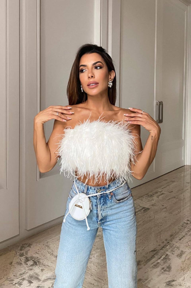 Fancy Strapless Feather Crop Top | Dress In Beauty Fancy Strapless Feather Crop Top | Dress In Beauty