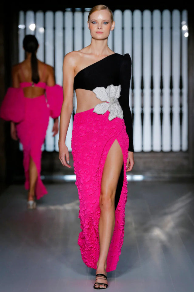 Jacquard One-Shoulder Flower Appliqué Dress | Dress In Beauty Jacquard One-Shoulder Flower Appliqué Dress | Dress In Beauty