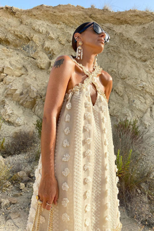 3D Flower Patchwork Halter Maxi Dress | Dress In Beauty 3D Flower Patchwork Halter Maxi Dress | Dress In Beauty