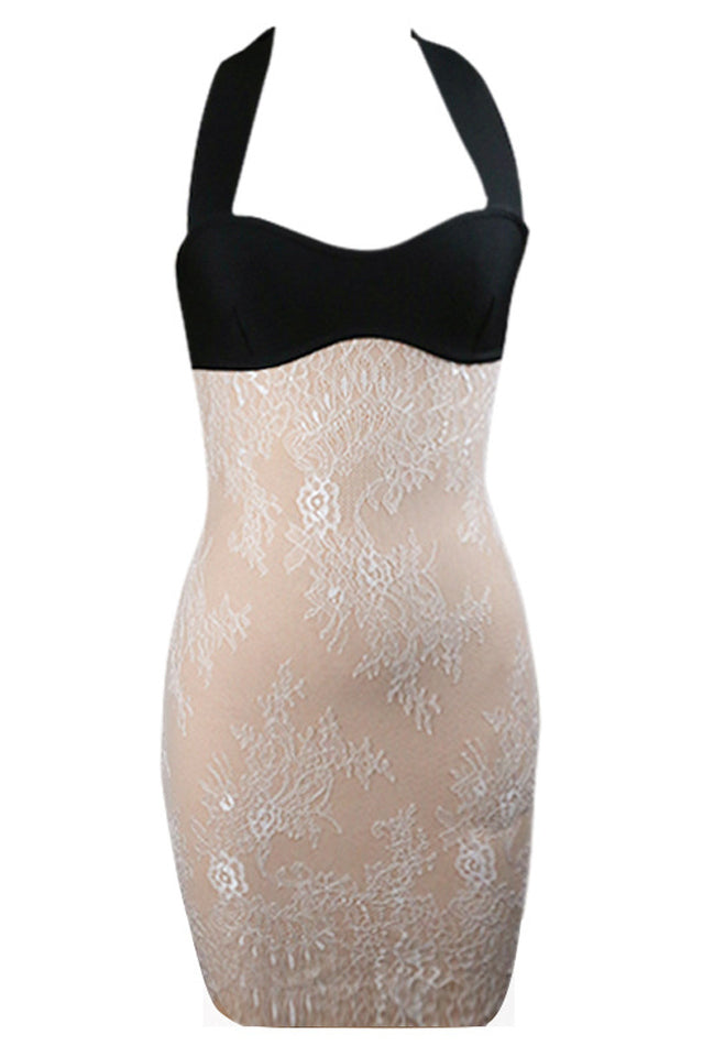 Crepe Paneled Lace Halterneck Mini Dress | Dress In Beauty Crepe Paneled Lace Halterneck Mini Dress | Dress In Beauty