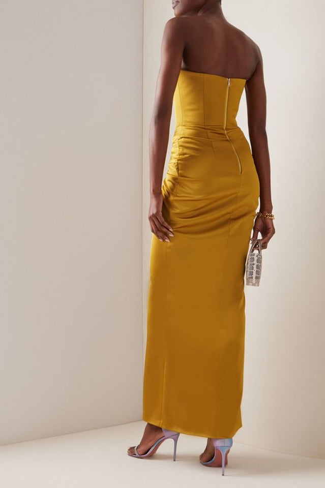 Mustard Draped Satin Corset Maxi Dress | Dress In Beauty Mustard Draped Satin Corset Maxi Dress | Dress In Beauty