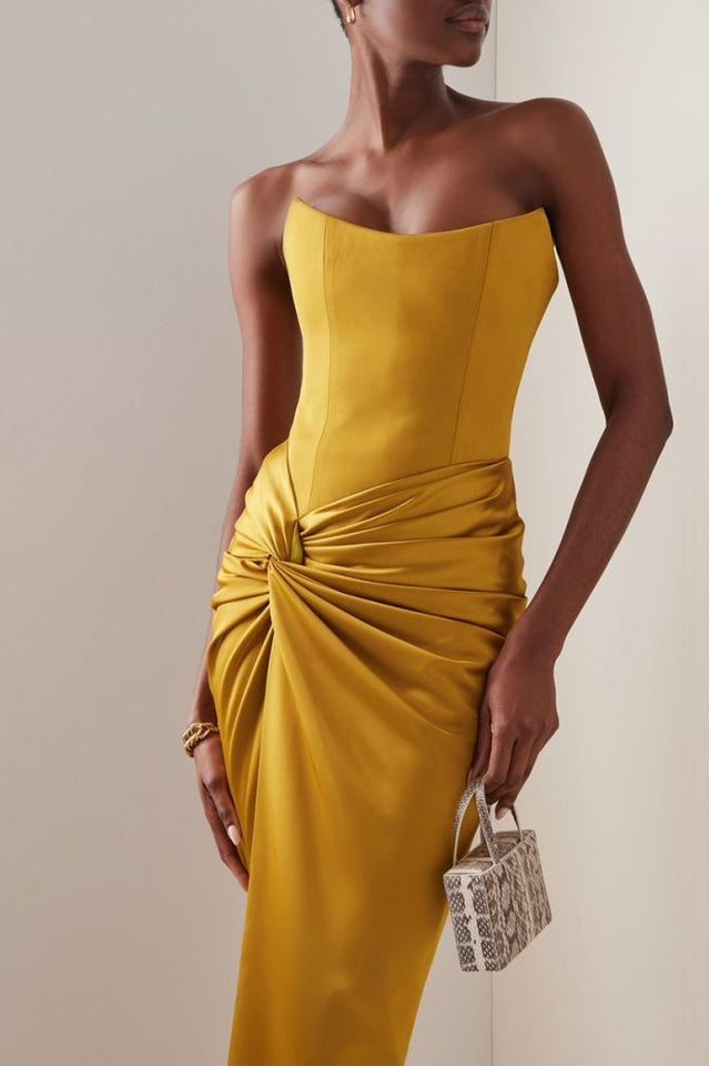 Mustard Draped Satin Corset Maxi Dress | Dress In Beauty Mustard Draped Satin Corset Maxi Dress | Dress In Beauty