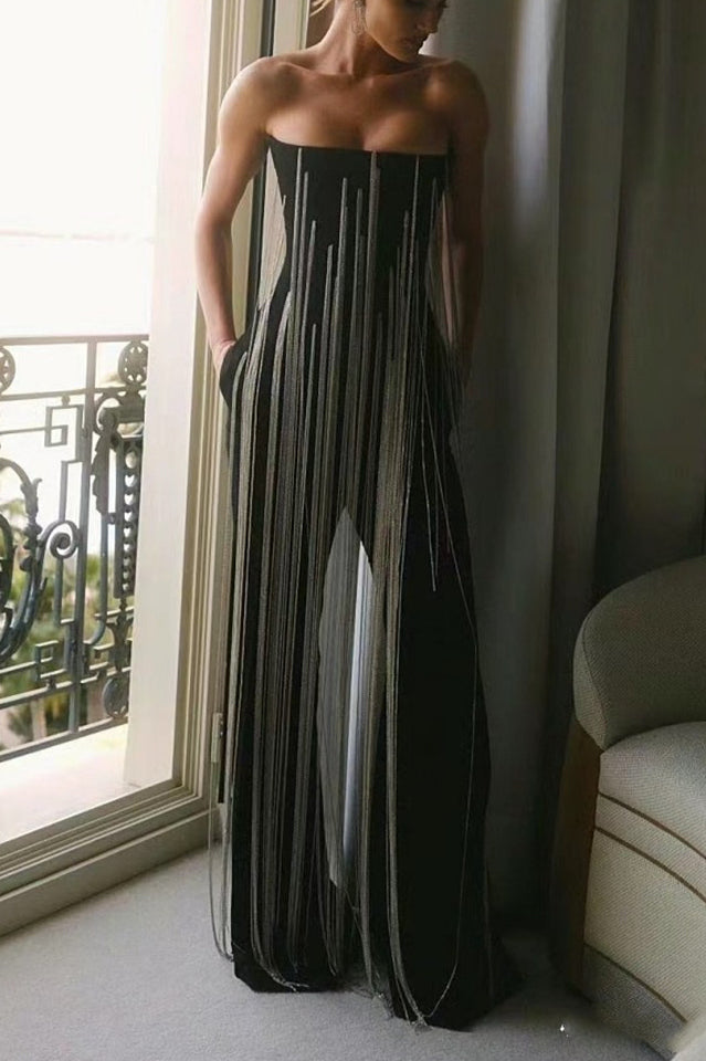 Evelyn Crystal Chain Detail Strapless Jumpsuit | Dress In Beauty Evelyn Crystal Chain Detail Strapless Jumpsuit | Dress In Beauty