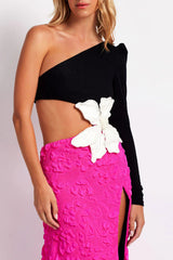 Jacquard One-Shoulder Flower Appliqué Dress | Dress In Beauty Jacquard One-Shoulder Flower Appliqué Dress | Dress In Beauty