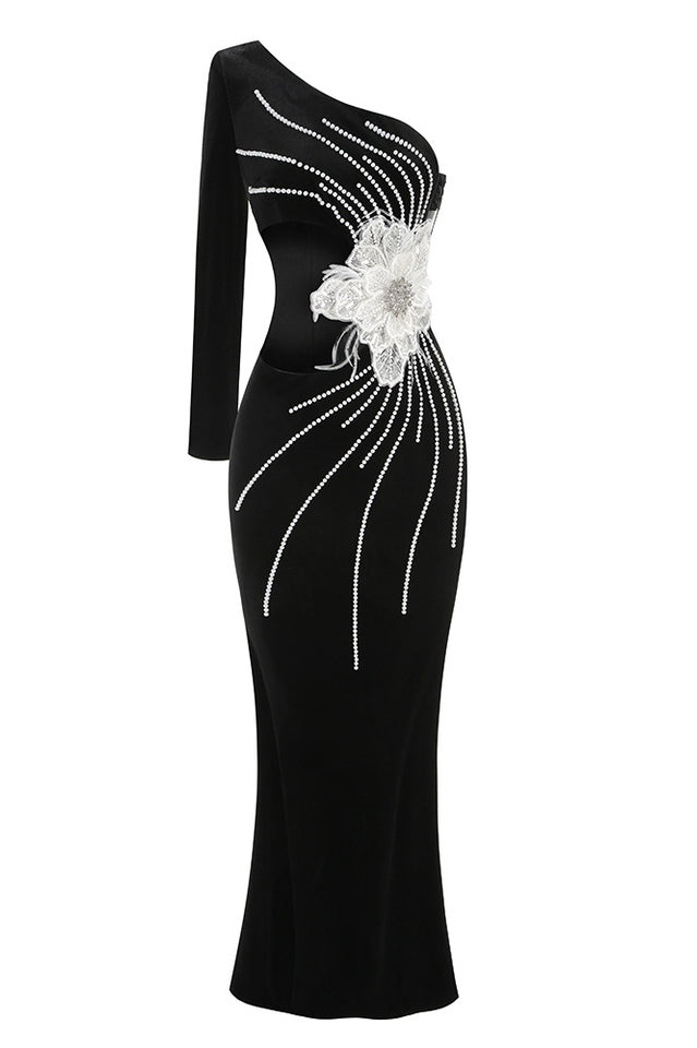 One Sleeve Pearl Floral Maxi Velvet Dress | Dress In Beauty One Sleeve Pearl Floral Maxi Velvet Dress | Dress In Beauty