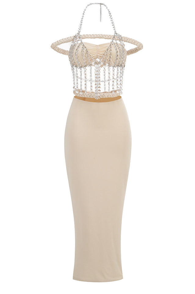 Halter Crystal Braided Bardot Maxi Dress | Dress In Beauty Halter Crystal Braided Bardot Maxi Dress | Dress In Beauty