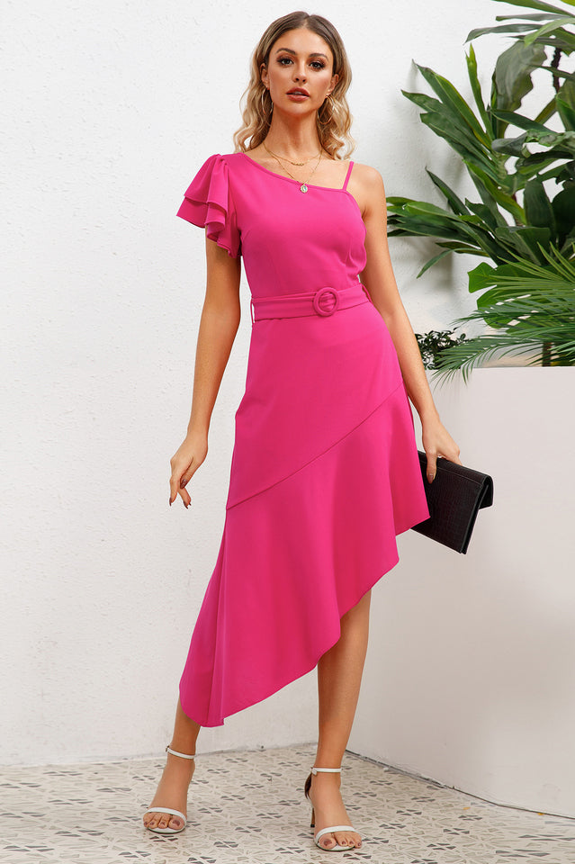 Asymmetrical Neck Flutter Sleeve Dress | Dress In Beauty Asymmetrical Neck Flutter Sleeve Dress | Dress In Beauty