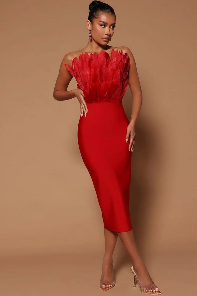 Parry Feather Strapless Midi Bandage Dress | Dress In Beauty Parry Feather Strapless Midi Bandage Dress | Dress In Beauty