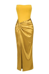 Mustard Draped Satin Corset Maxi Dress | Dress In Beauty Mustard Draped Satin Corset Maxi Dress | Dress In Beauty