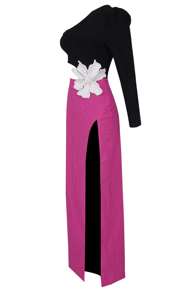 Jacquard One-Shoulder Flower Appliqué Dress | Dress In Beauty Jacquard One-Shoulder Flower Appliqué Dress | Dress In Beauty