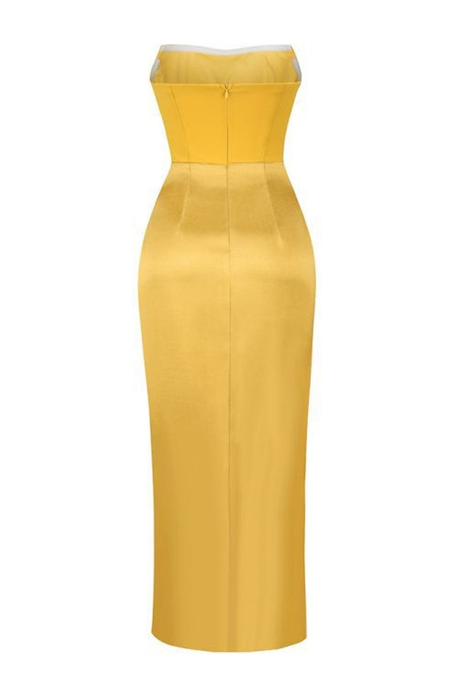 Mustard Draped Satin Corset Maxi Dress | Dress In Beauty Mustard Draped Satin Corset Maxi Dress | Dress In Beauty
