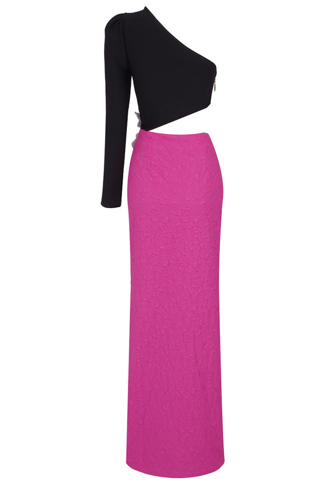 Jacquard One-Shoulder Flower Appliqué Dress | Dress In Beauty Jacquard One-Shoulder Flower Appliqué Dress | Dress In Beauty