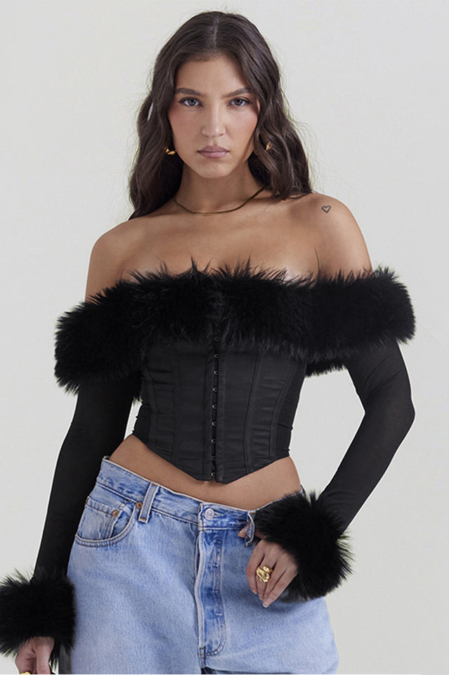 Black Faux Fur Trimmed Bustier | Dress In Beauty Black Faux Fur Trimmed Bustier | Dress In Beauty