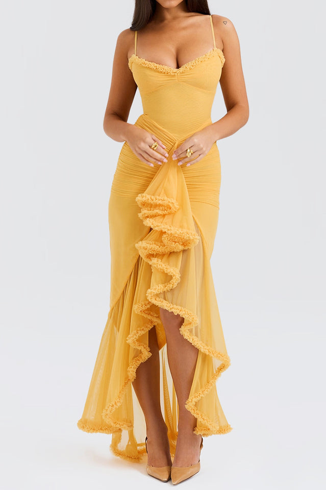 Apricot Ruffled Front Gown | Dress In Beauty Apricot Ruffled Front Gown | Dress In Beauty
