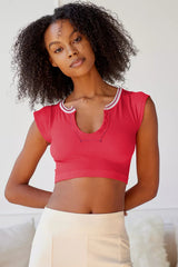 Notched Neck Cap Sleeve Cropped Tee | Dress In Beauty Notched Neck Cap Sleeve Cropped Tee | Dress In Beauty