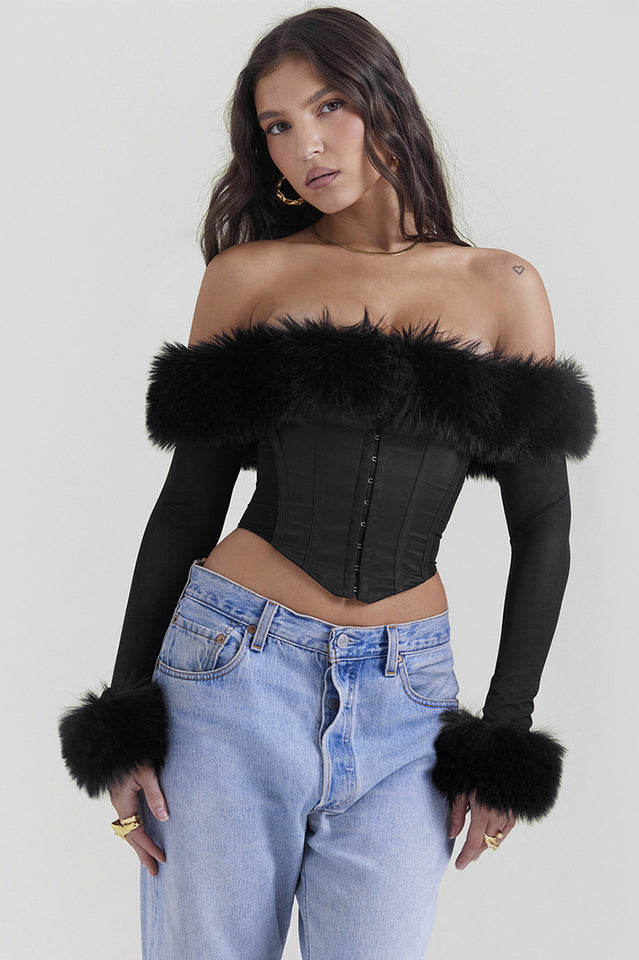 Black Faux Fur Trimmed Bustier | Dress In Beauty Black Faux Fur Trimmed Bustier | Dress In Beauty