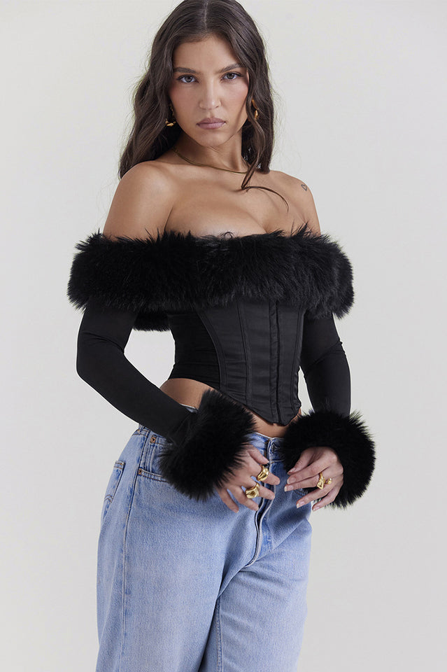 Black Faux Fur Trimmed Bustier | Dress In Beauty Black Faux Fur Trimmed Bustier | Dress In Beauty