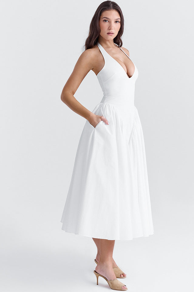 Marilyn White Cotton Halter Midi Sundress | Dress In Beauty Marilyn White Cotton Halter Midi Sundress | Dress In Beauty