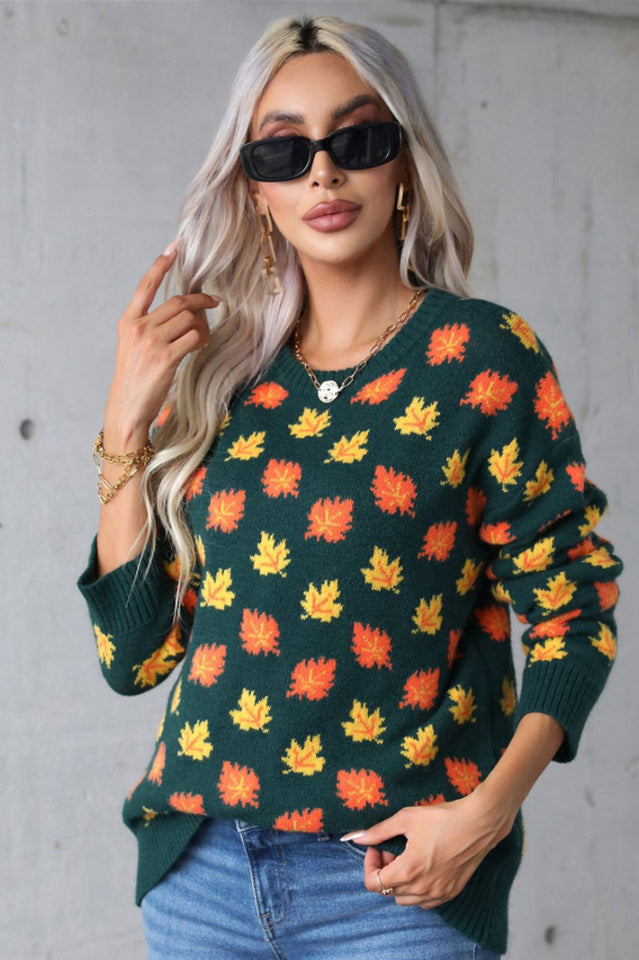 Autumn Leaf Print Knit Sweater | Dress In Beauty Autumn Leaf Print Knit Sweater | Dress In Beauty