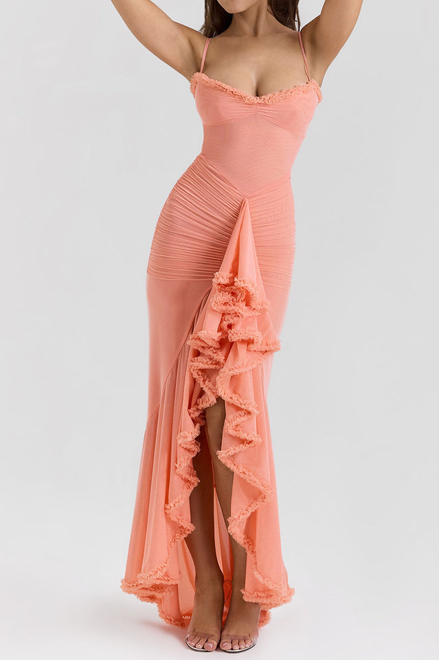 Apricot Ruffled Front Gown | Dress In Beauty Apricot Ruffled Front Gown | Dress In Beauty