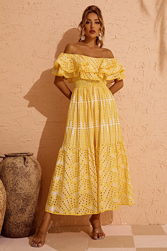 Tulum Off Shoulder Eyelet Dress Dress In Beauty