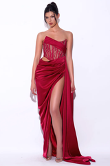 Callie Lace Satin Corset High Slit Gown | Dress In Beauty Callie Lace Satin Corset High Slit Gown | Dress In Beauty