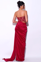 Callie Lace Satin Corset High Slit Gown | Dress In Beauty Callie Lace Satin Corset High Slit Gown | Dress In Beauty