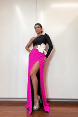 Jacquard One-Shoulder Flower Appliqué Dress | Dress In Beauty Jacquard One-Shoulder Flower Appliqué Dress | Dress In Beauty