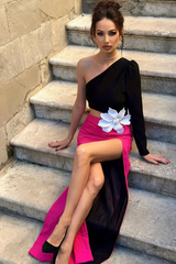 Jacquard One-Shoulder Flower Appliqué Dress | Dress In Beauty Jacquard One-Shoulder Flower Appliqué Dress | Dress In Beauty