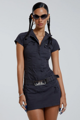 Belted Cargo Mini Dress In Grey | Dress In Beauty Belted Cargo Mini Dress In Grey | Dress In Beauty