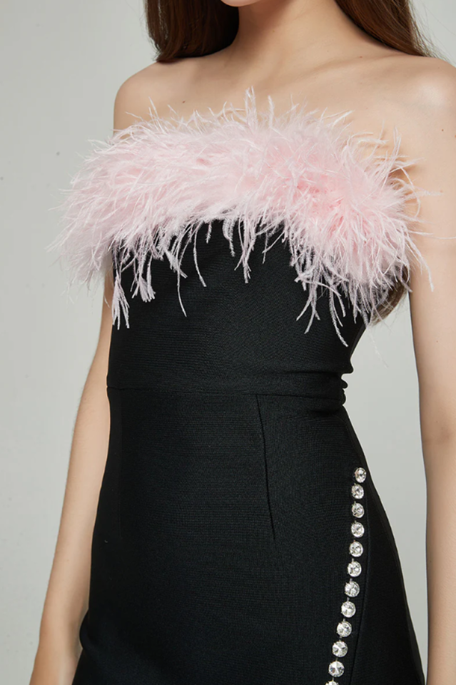 Feather Trimmed Pink Crepe Mini Dress | Dress In Beauty Feather Trimmed Pink Crepe Mini Dress | Dress In Beauty