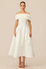 Vivian Off Shoulder Flare Satin Midi Dress Vivian Off Shoulder Flare Satin Midi Dress