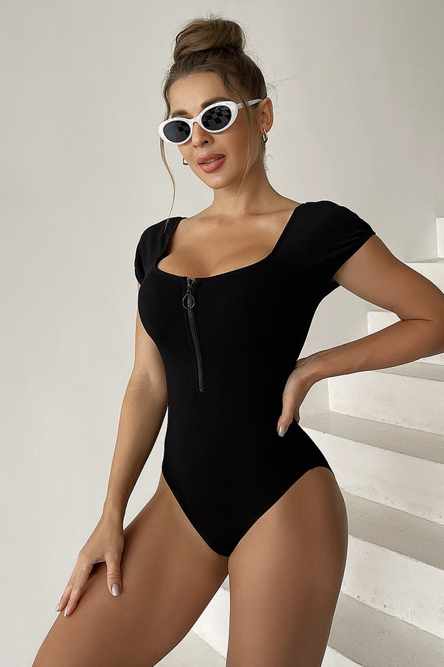 Solid Front Zipper Round Neck Bathing Suit | Dress In Beauty Solid Front Zipper Round Neck Bathing Suit | Dress In Beauty