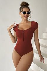 Solid Front Zipper Round Neck Bathing Suit | Dress In Beauty Solid Front Zipper Round Neck Bathing Suit | Dress In Beauty