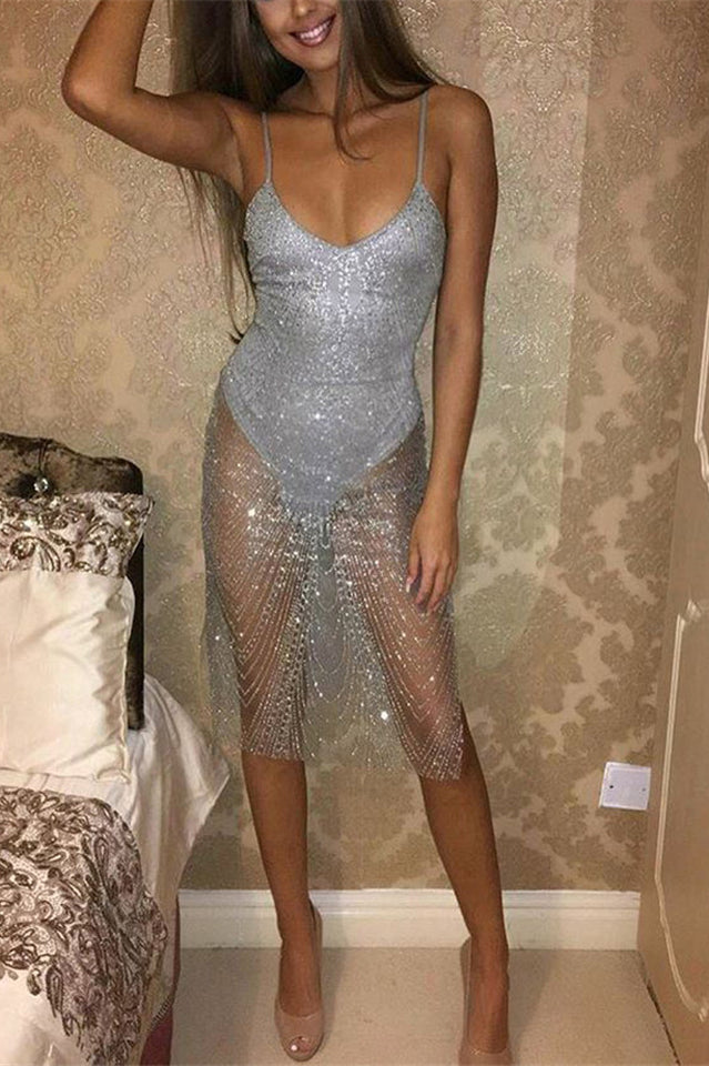 Sequins Strap Split See Through Mesh Dress - Dress In Beauty Sequins Strap Split See Through Mesh Dress - Dress In Beauty