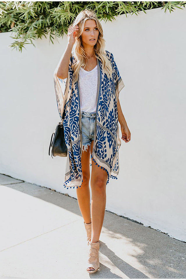 Seaside Resort Cardigan Printed Pompom Kimono | Dress In Beauty Seaside Resort Cardigan Printed Pompom Kimono | Dress In Beauty