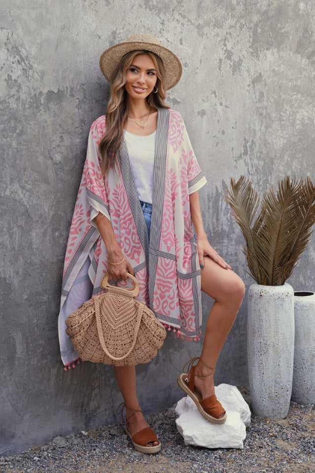 Seaside Resort Cardigan Printed Pompom Kimono | Dress In Beauty Seaside Resort Cardigan Printed Pompom Kimono | Dress In Beauty