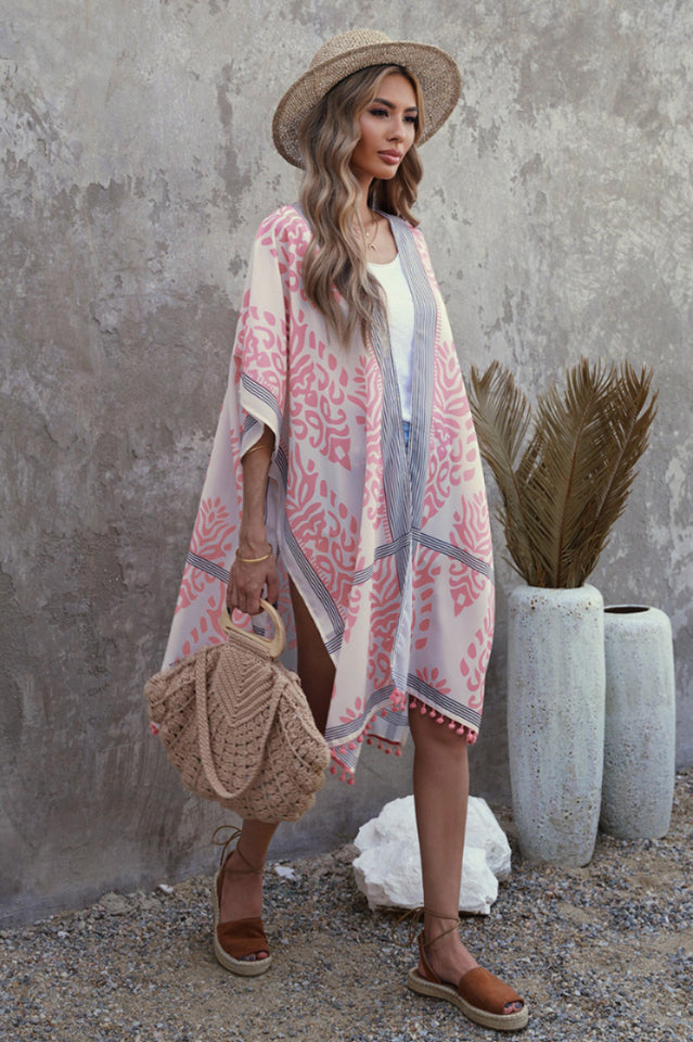 Seaside Resort Cardigan Printed Pompom Kimono | Dress In Beauty Seaside Resort Cardigan Printed Pompom Kimono | Dress In Beauty