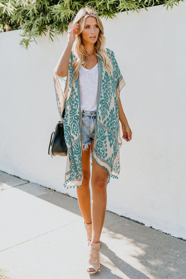 Seaside Resort Cardigan Printed Pompom Kimono | Dress In Beauty Seaside Resort Cardigan Printed Pompom Kimono | Dress In Beauty