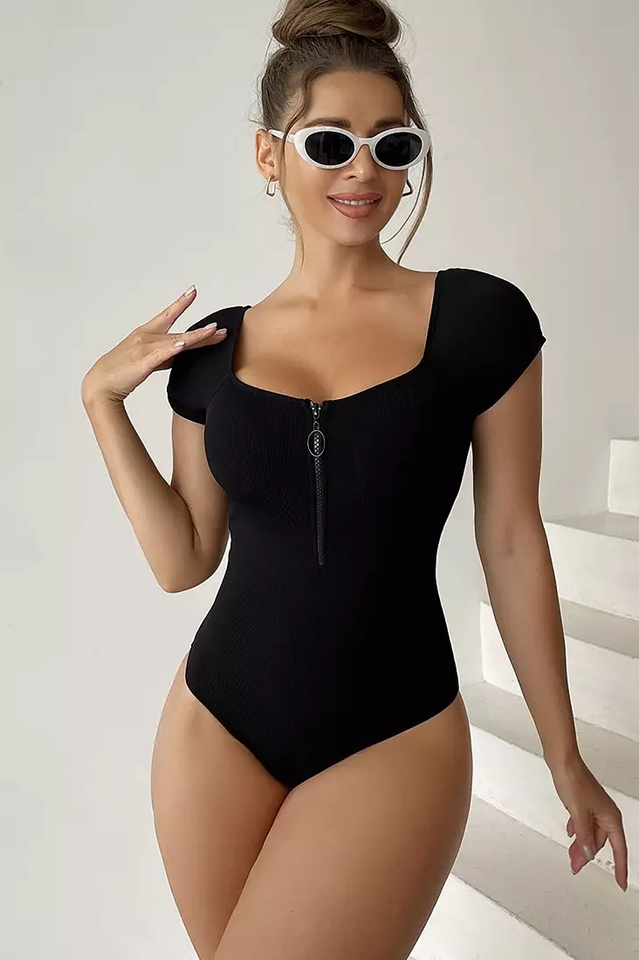 Solid Front Zipper Round Neck Bathing Suit | Dress In Beauty Solid Front Zipper Round Neck Bathing Suit | Dress In Beauty